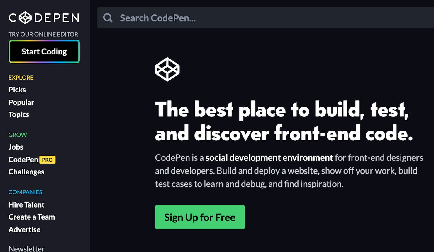 Codepen’s “Start Coding” button is a good example of “lazy registration”