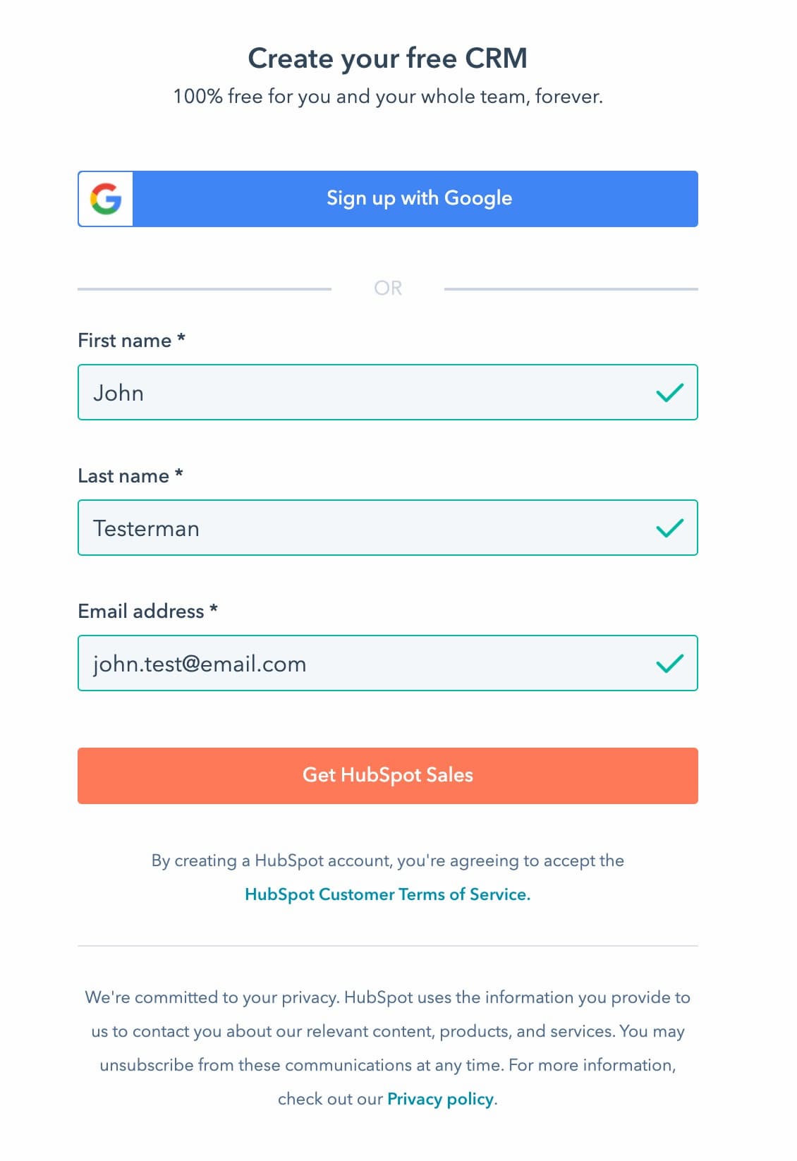Hubspot is a good example of using feedback to show when fields are filled out correctly